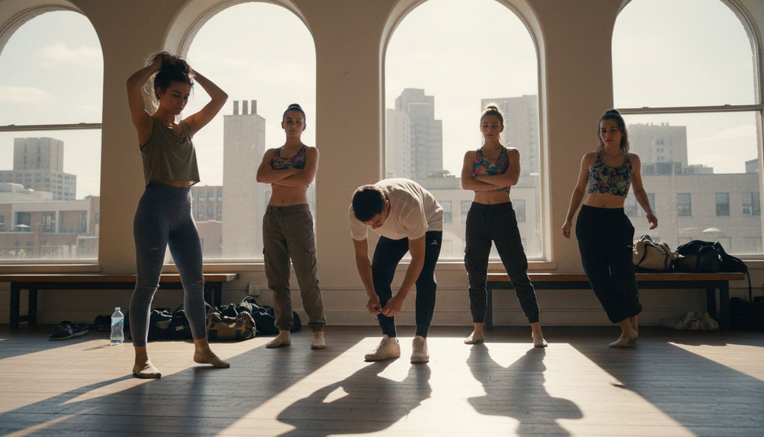 Modern dancers warming up in bright studio