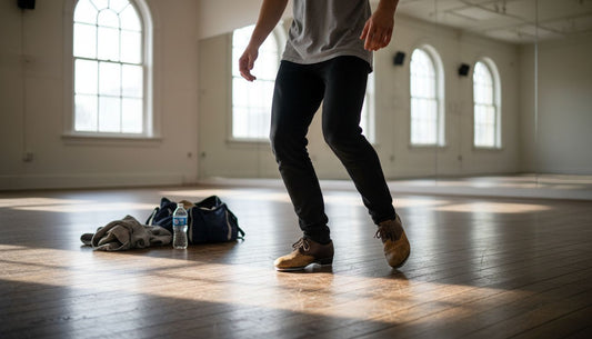 Tap dancer warming up on wooden studio floor